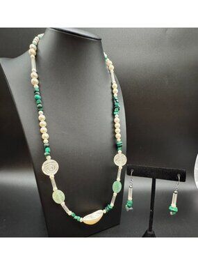 VTG Necklace & Pierced Earrings set Aventurine Malachite Pearl Glass Silver OOAK